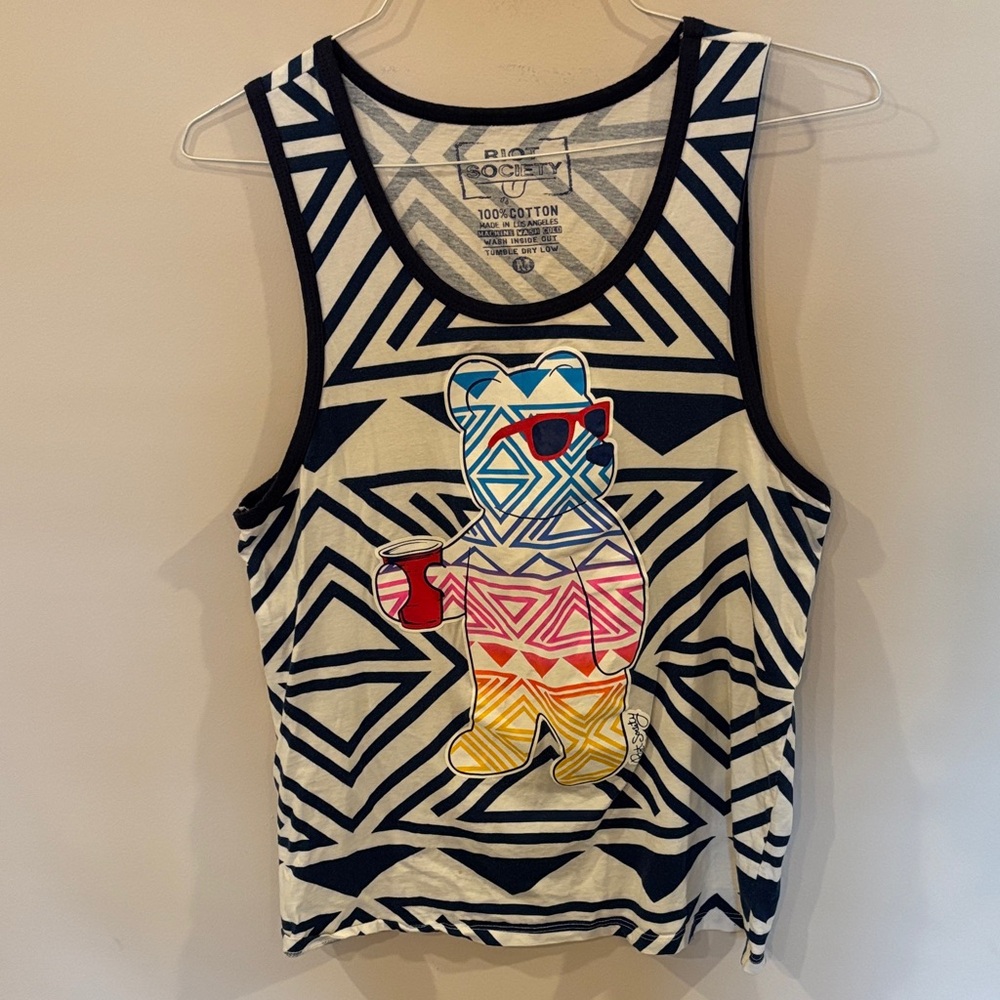 Riot Society Blue and White Bear Tank Top Men's M